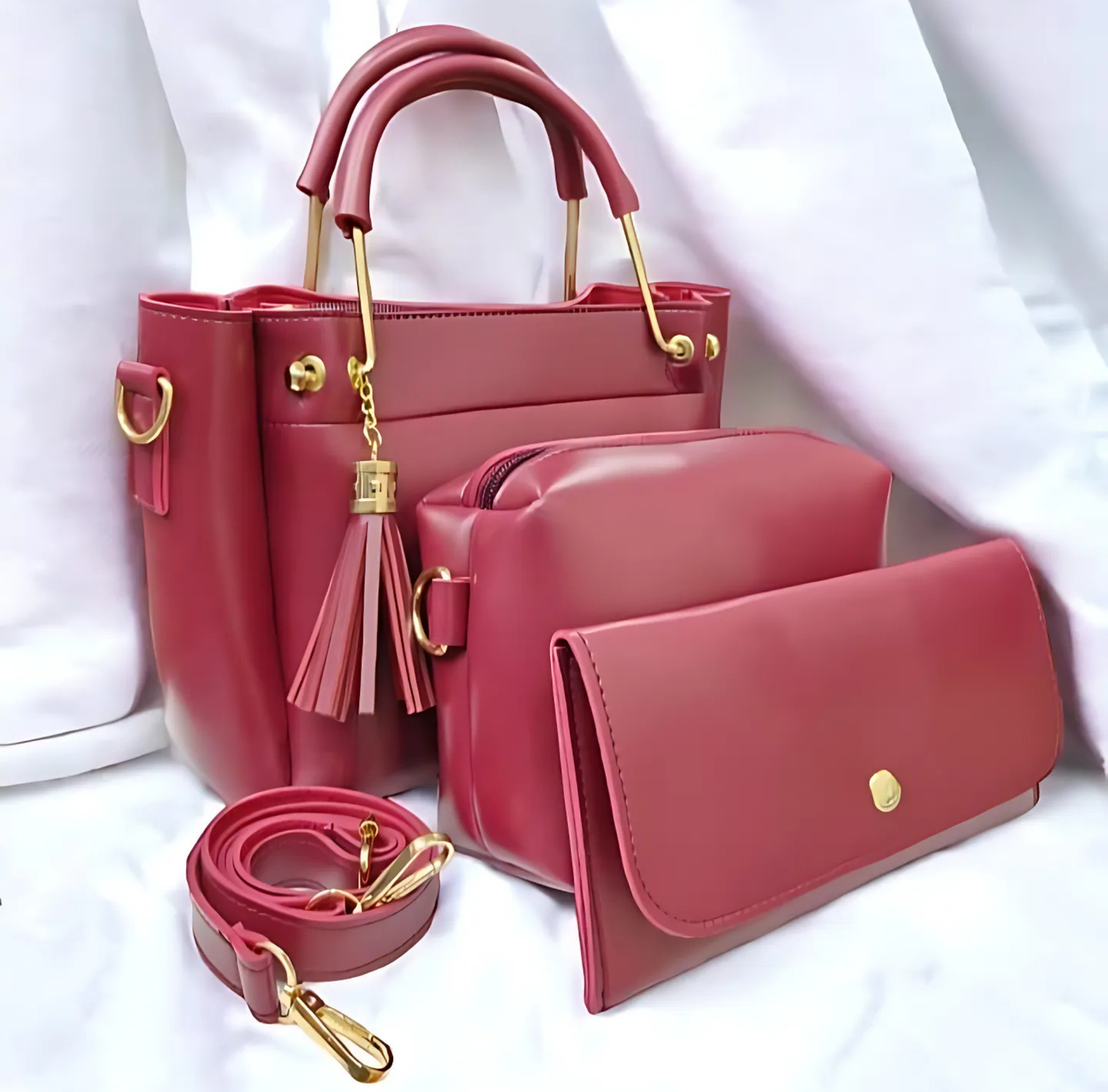 Women's Maroon PU Leather Handbag Set – 3-Piece Everyday Essential