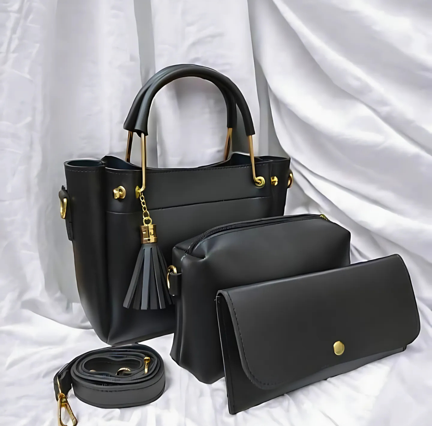 Women's Black PU Leather Handbag Set – 3 Pcs Everyday Elegance