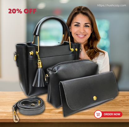 Women's Black PU Leather Handbag Set – 3 Pcs Everyday Elegance