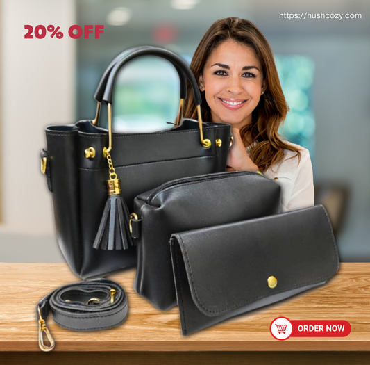 Women's Black PU Leather Handbag Set – 3 Pcs Everyday Elegance