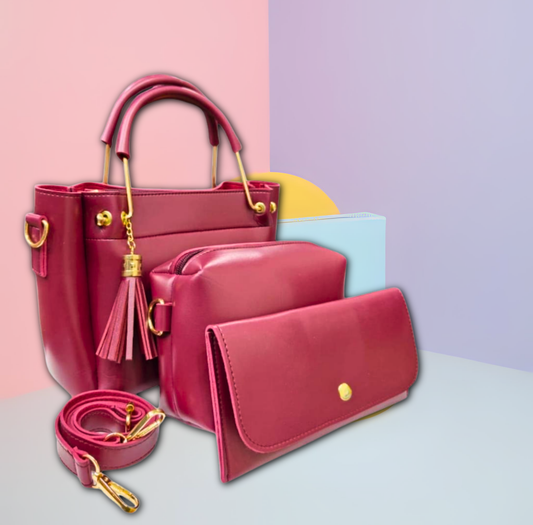 Women's Maroon PU Leather Handbag Set – 3-Piece Everyday Essential