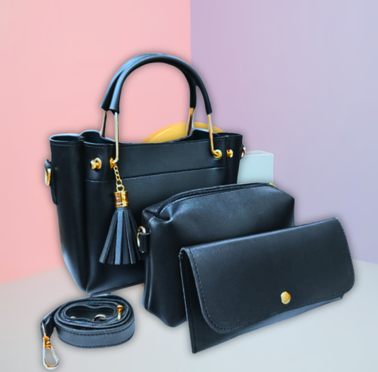 Women's Black PU Leather Handbag Set – 3 Pcs Everyday Elegance