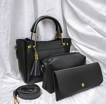 Women's Black PU Leather Handbag Set – 3 Pcs Everyday Elegance