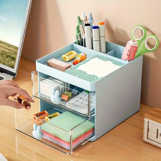 Rabbit Handle Clear Desk Organizer – Stylish & Multi-Functional Storage Box for Pen, Makeup & Jewelry