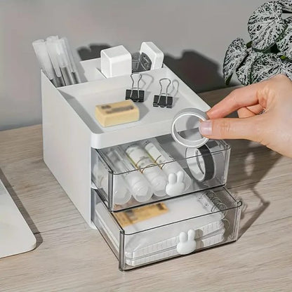 Rabbit Handle Clear Desk Organizer – Stylish & Multi-Functional Storage Box for Pen, Makeup & Jewelry