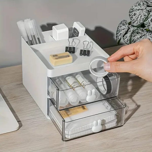 Rabbit Handle Clear Desk Organizer – Stylish & Multi-Functional Storage Box for Pen, Makeup & Jewelry