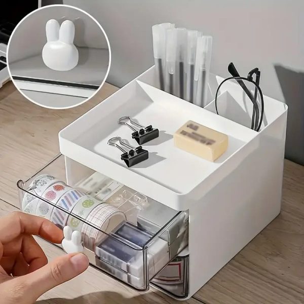 Rabbit Handle Clear Desk Organizer – Stylish & Multi-Functional Storage Box for Pen, Makeup & Jewelry